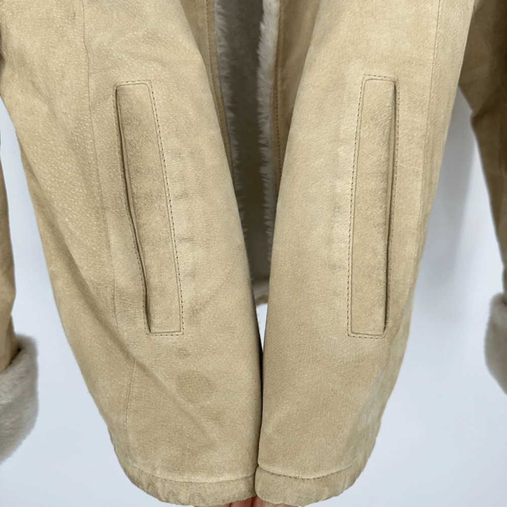 Womens XL Suede Faux Fur Lined Winter Jacket Pockets Cream Boho 70s Style - Picture 7 of 15